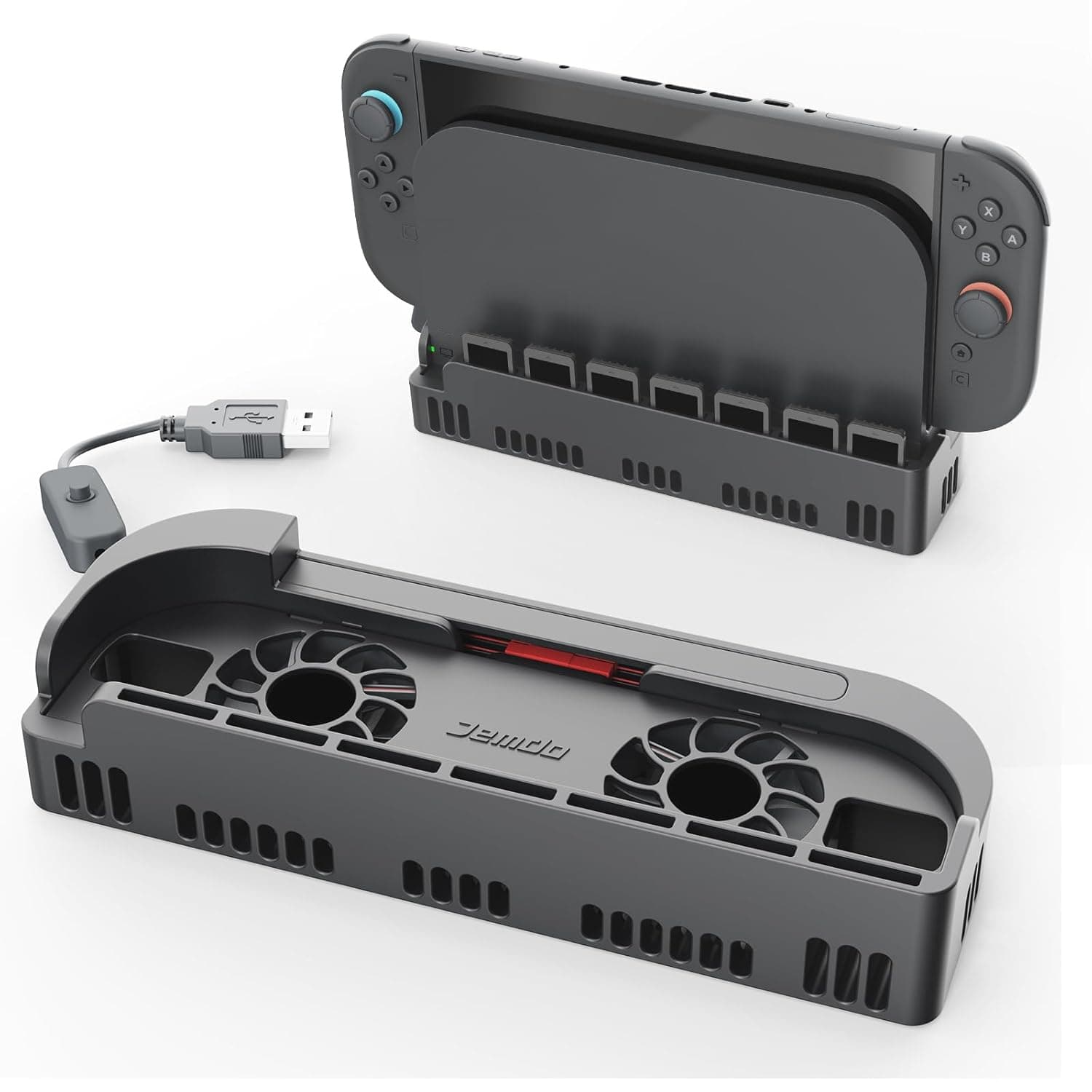 Jemdo Switch 2 ドック用冷却ファンスタンド、デュアル静音ファン&ゲームカードホルダー7個付き