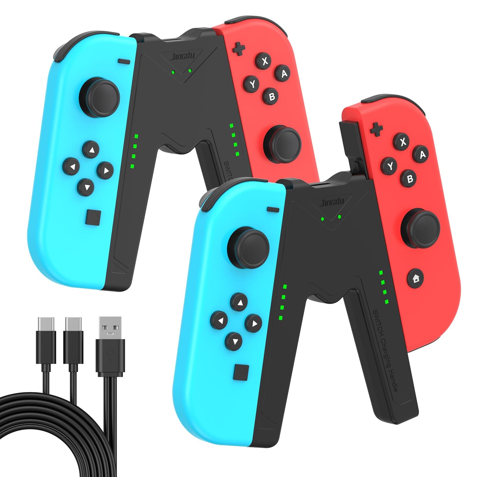 JINGDU 2-Pack V-Shaped Joy-Con Charging Grips for Nintendo Switch and OLED - Dual USB-C Cable Included