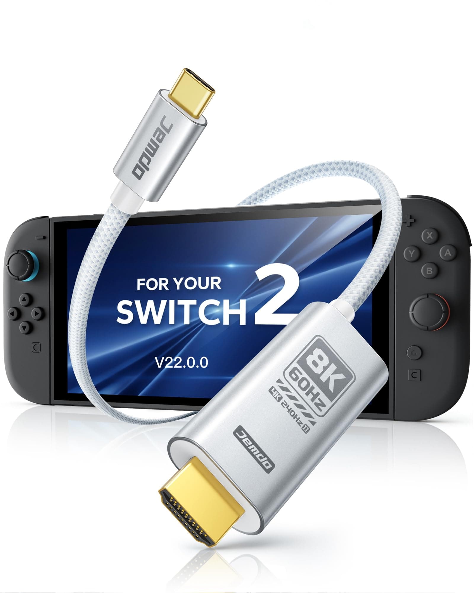 JEMDO for Switch 2 (22.5.0+) Dock HDMI Cable 8K@60Hz HDR/ 4K@240Hz, 6.6ft USB-C to HDMI 2.1 48Gbps TV Dock, 100W PD Play While Charging, White Braided Portable Travel Adapter, Work with for Switch 2/2017/OLED